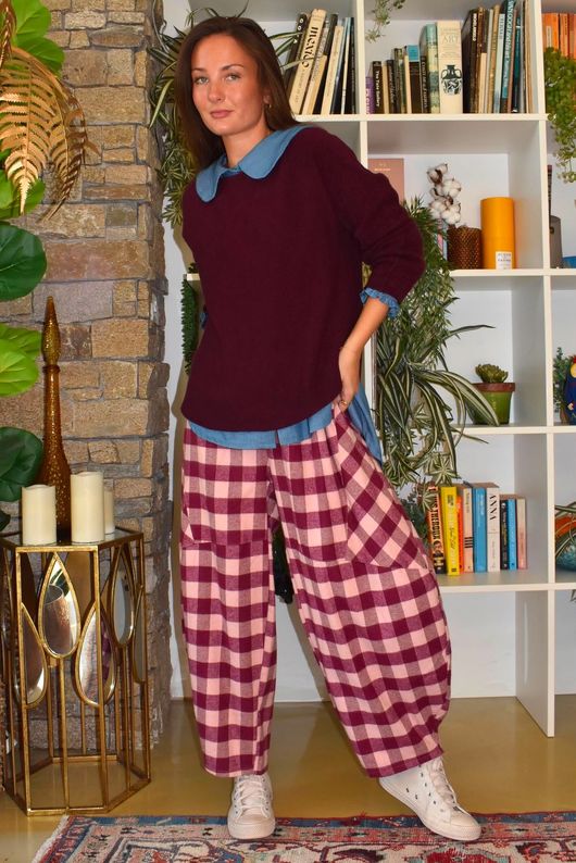 Nora Brushed Cotton Gingham Classic Barrel Pant Aubergine